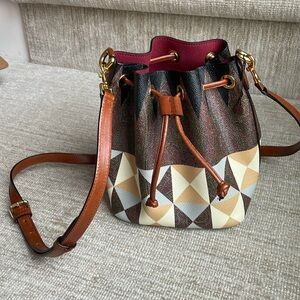 Etro patch printed pvc and leather bucket bag